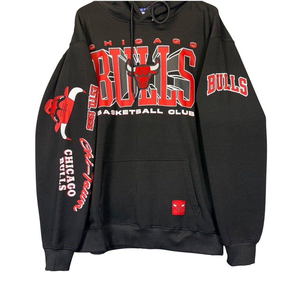Chicago Bulls NBA Basketball Club Hoodie Black Mens Large All Over Logo